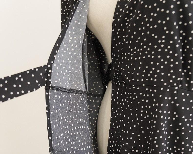 Women's Petite French Polka Dot V-Neck Long-Sleeve Belted Dress - Short Skirt for Spring & Autumn.