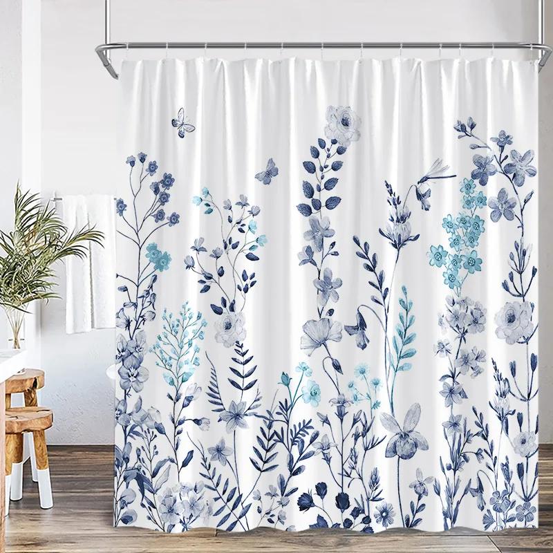 Blue Leaf Watercolor Plant Shower Curtain Modern Minimalist Home Bathroom Decorative Fabric Shower Curtain with Hook