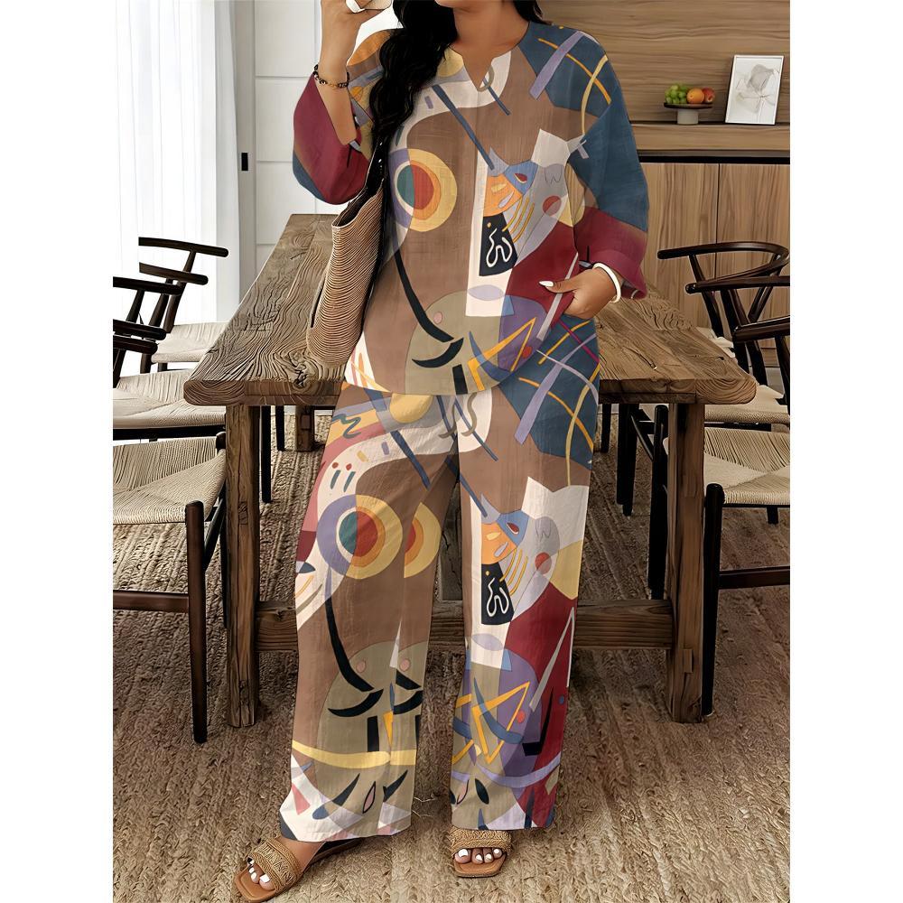 1116 European and American Geometric Printing V-neck Shirt High Waist Drape Wide Leg Pants Complete Set of Women's Clothing