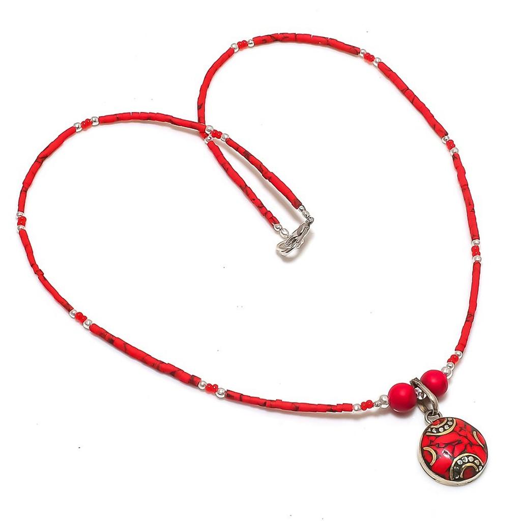 Red Coral Bohemian Necklace Cabochon Tibetan Nepali Beaded Jewelry 18" NA 761