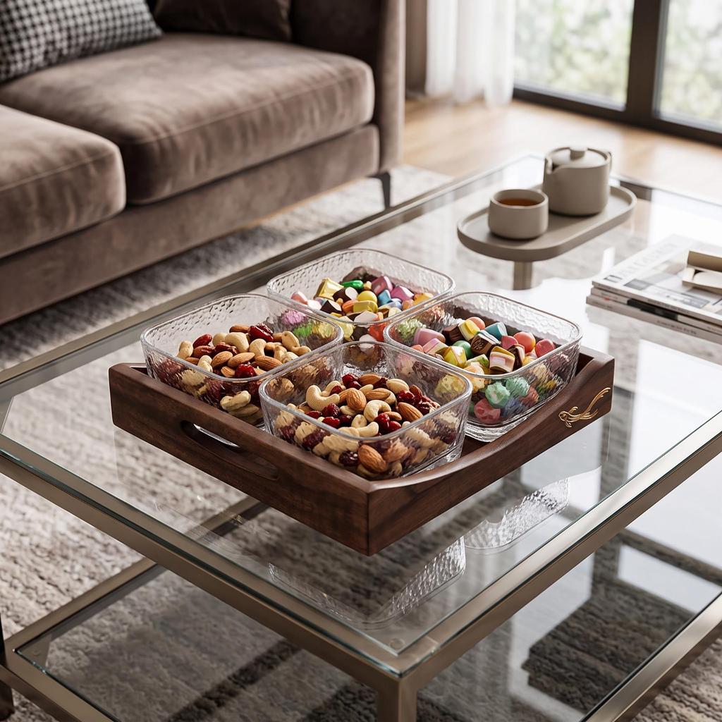 Getrennte Vorspeisenplatte mit Schalen | Walnuss, Holz Snack Tablett Glas