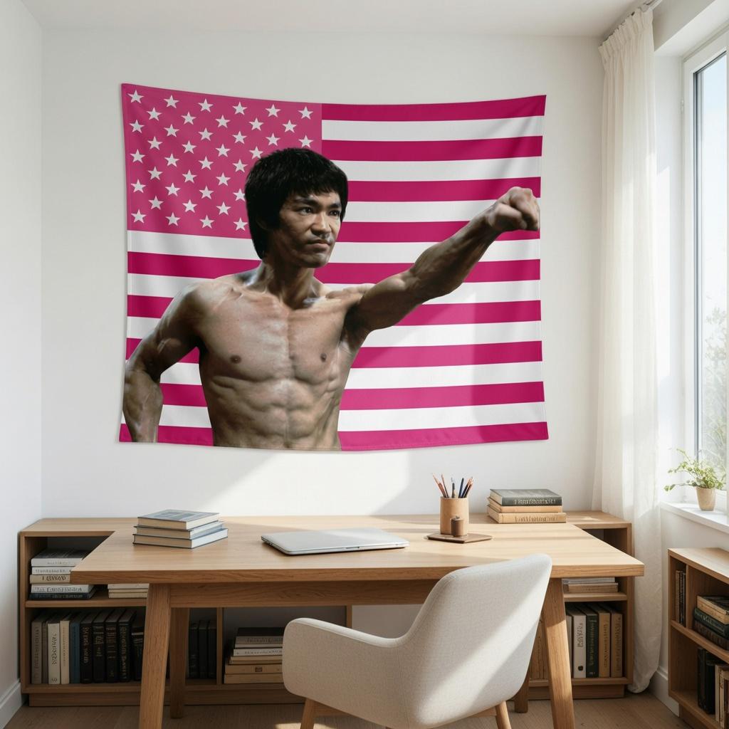 Iconic Action Hero Pink Tapestry Flat Print Stars and Stripes Wall Hanging for Teen Dorm Party Room Decor