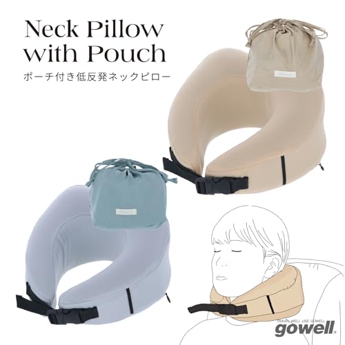 gowell Memory Foam Neck Pillow with Pouch | Perfect for Girls' Trips, Shinkansen, Airplanes, In-Flight Travel, and Drives (Beige)