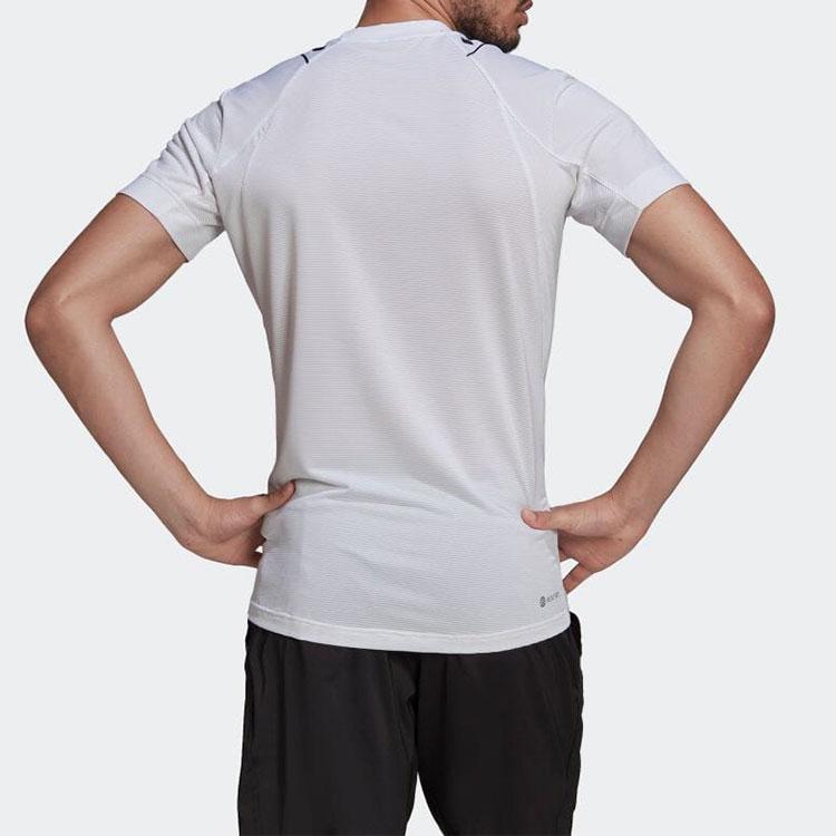 Adidas T-shirt męski z nadrukiem geometrycznym i logo, okrągłym dekoltem, biały HA2554