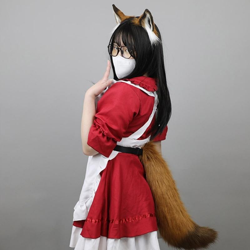 Fox Ears and Tail Set Furry Fox Ears Headband with Tail Halloween Cosplay Party Fox Costume Accessories for Kids-Adults