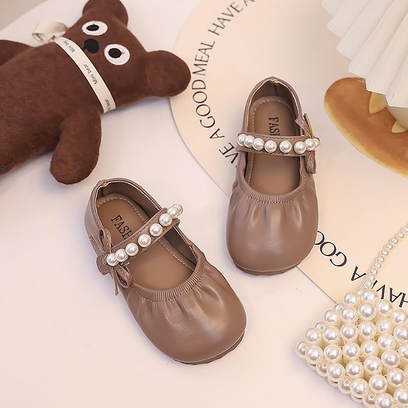 Korean version of girls' small leather shoes, spring and autumn 2025 new soft-soled children's pearl princess shoes, retro Mary Jane single shoes