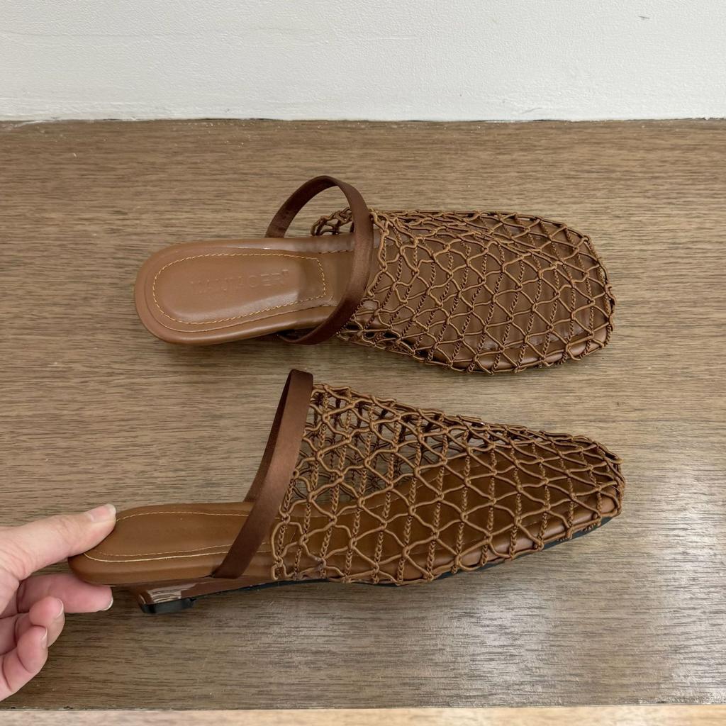 Women Slippers Baotou Half Slippers Women's Outer Wear Summer New Mesh Hollow Sandals Breathable Slope Heel Fishing Net Shoes