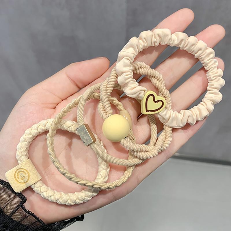 

5 шт. повязка на голову кожаная женская высокая кобура для хвоста аксессуары для волос простая высокоэластичная прочная резинка для волос круг бежевый