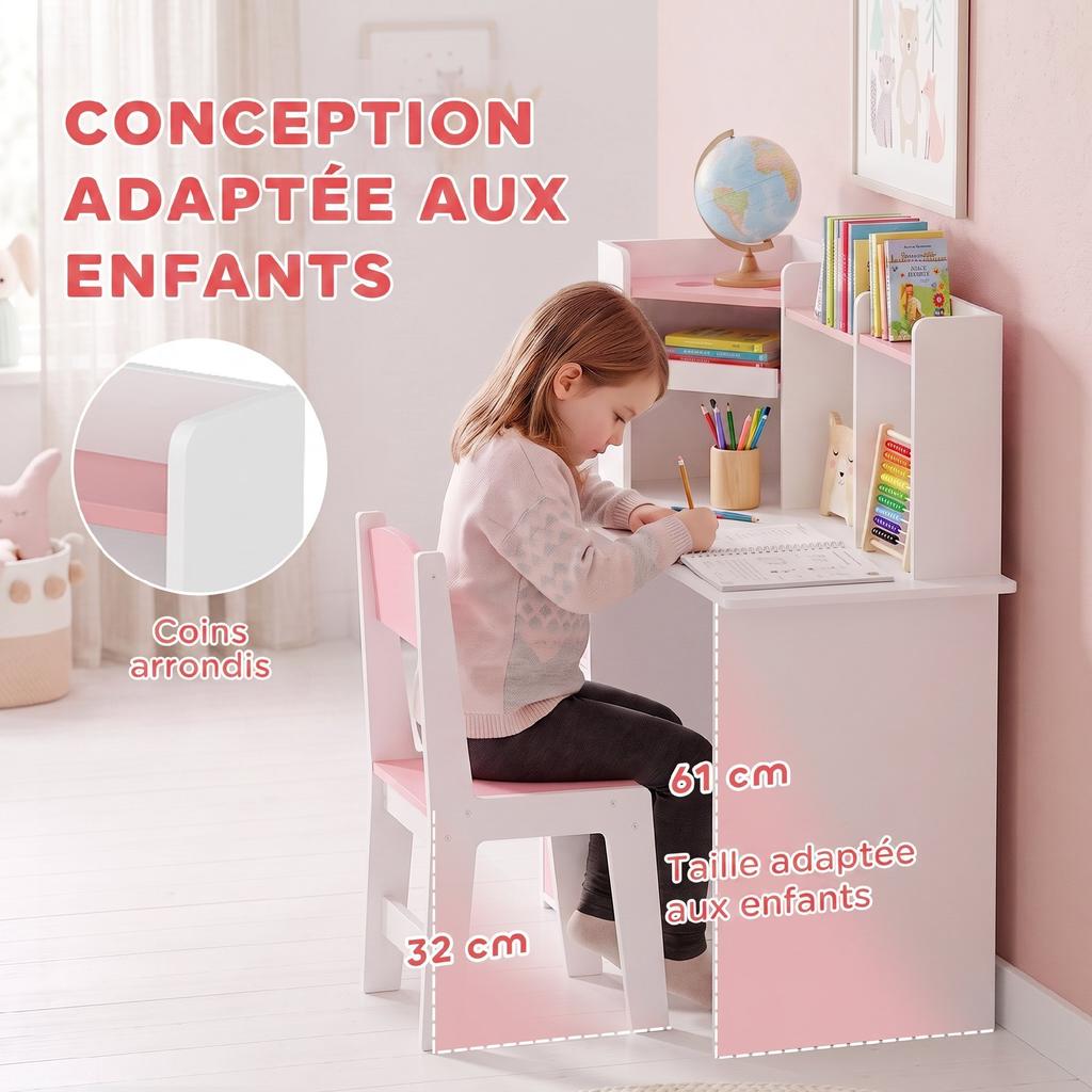 Children's Desk with Chair, Adjustable Tablet Stand, Pen Holder, Cork Board, Ages 5-12, Pink