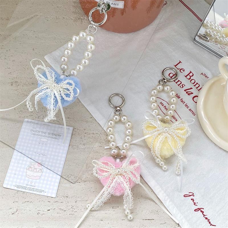 Cute Sweet Plush Heart Love Lace Bow Pearl Chain Keychain Pendants Backpack Charm Bag Hanging Ornaments Girly Phone Chain Gifts