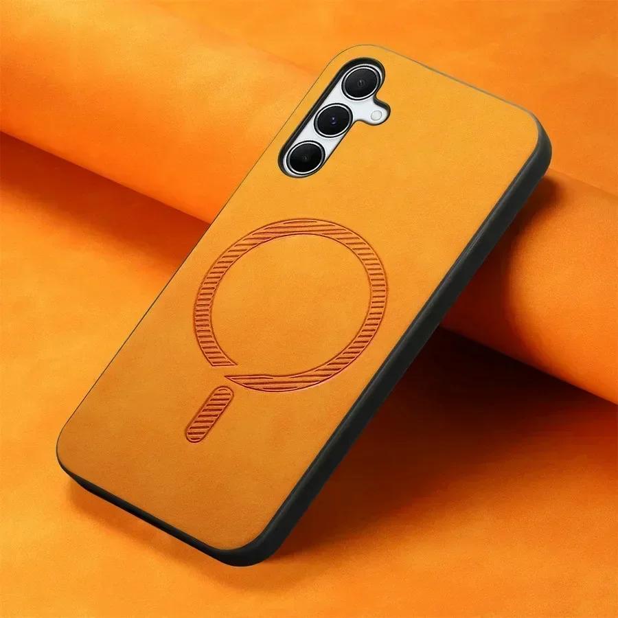 

Для Magsafe Матовый Кожаный Чехол для Samsung A56 A36 A16 A06 A05 A15 A25 A35 A55 A54 Защитный Чехол для Телефона с Магнитной Беспроводной Зарядкой for Samsung A56 оранжевый