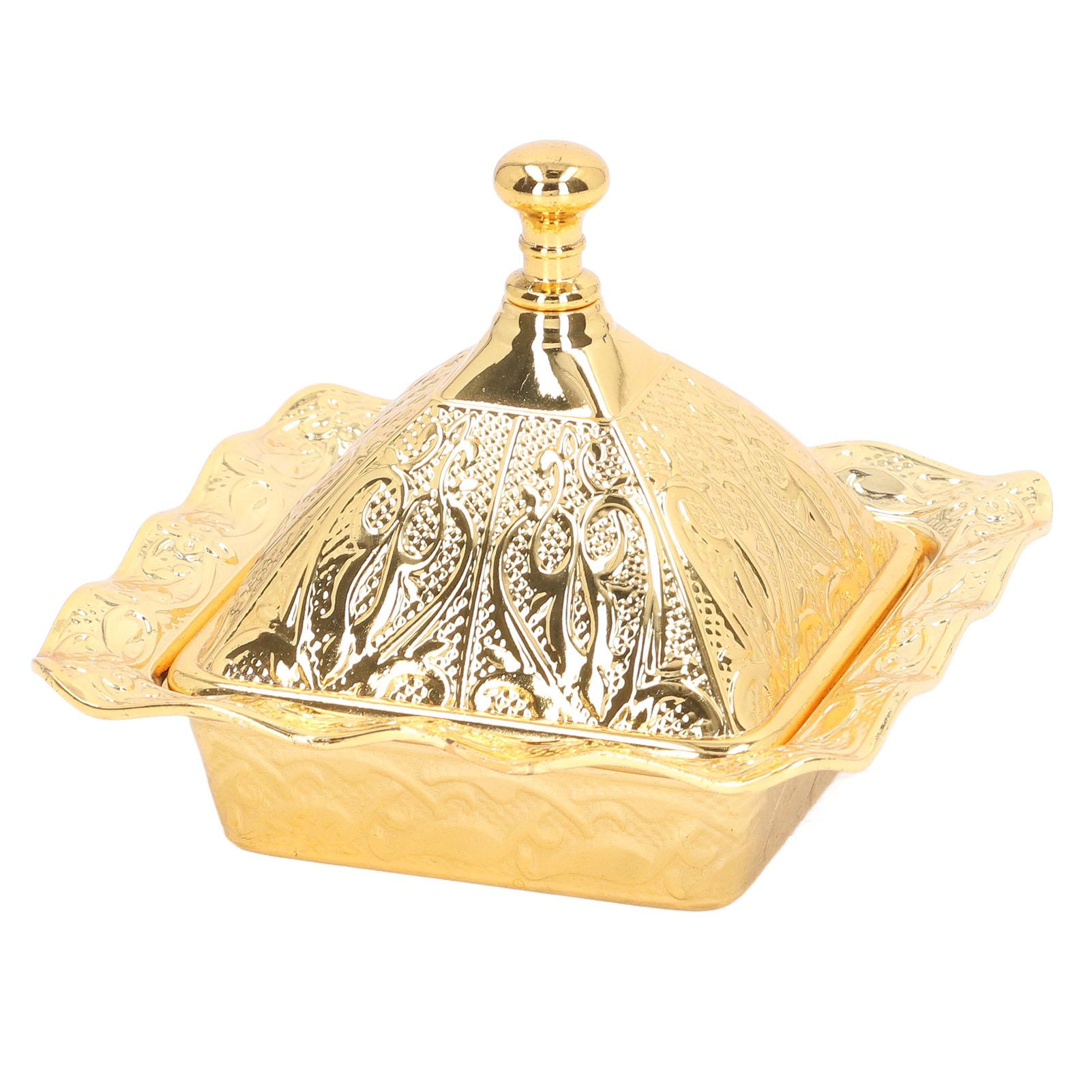 

Золотая сервировочная миска, винтажная мини-квадратная форма, Турецкая чаша для вечеринок из золотого цинкового сплава с пылезащитной крышкой