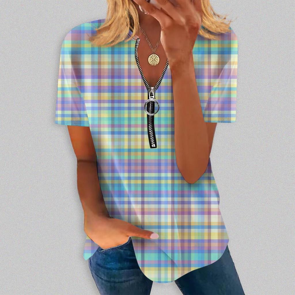 Women's Summer Temperament Palid Printed V-Neck Zip Short Sleeve T-shirt Top