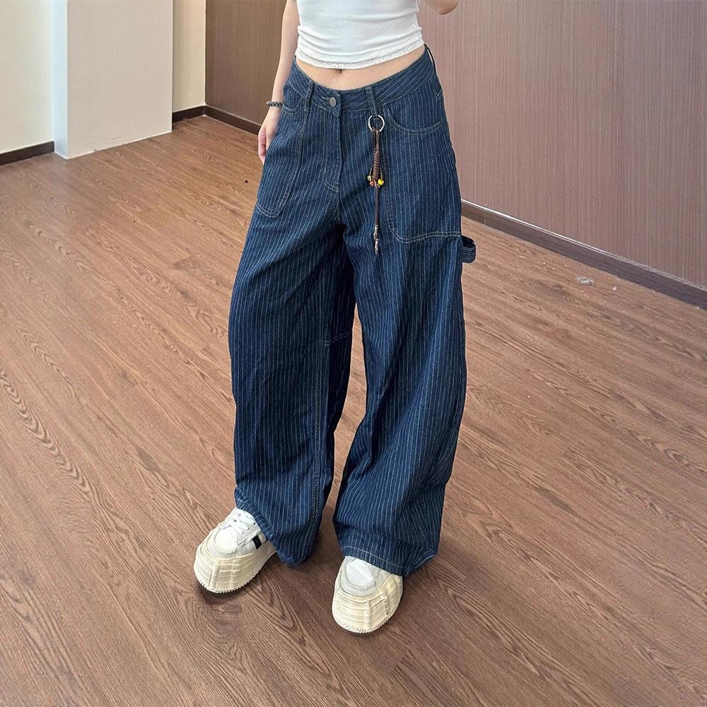 JYL Women's Cargo Jeans American Patchwork Multi-Pocket Niche Bootcut Wide-Leg Denim