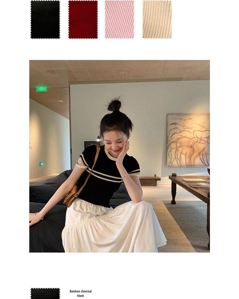 Chic Striped Knit Sweater - Women's Summer Slim Fit, Round Neck Top