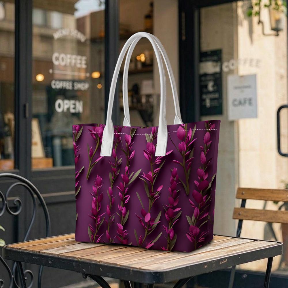 Purple Floral Shoulder Bag for Women Casual Daily Shopping Tote Portable Lightweight Ladies Fashion Handbag