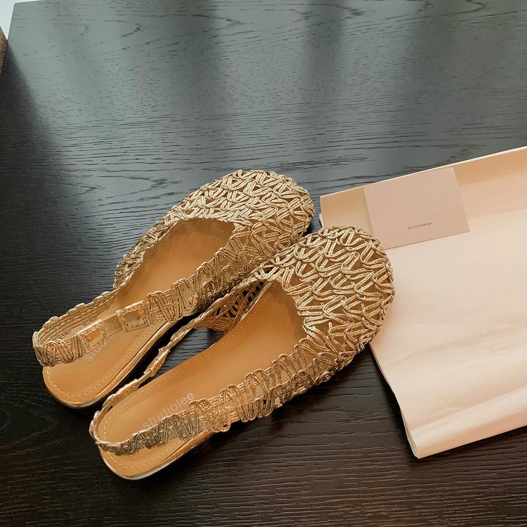 Traubenmutter gleicher Stil runder Kopf hohles gewebtes Netz flacher Boden Römersandalen Sandalen lässig vielseitig Taschenkopf leer Sandalen