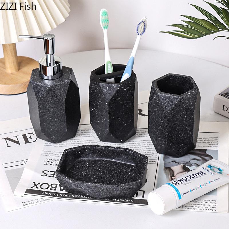 Marble Texture Bathroom 4pcs Set Hand Sanitizer Bottle Cup Toothbrush Holder Soap Dish Household Soap Dispenser Lotion Bottle