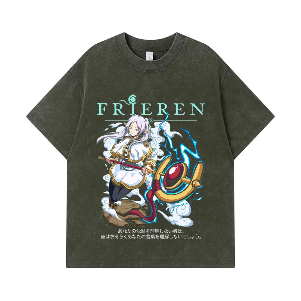 275 GSM Washed T-shirts 100% Cotton Frieren V5 Print Unisex Heavy Cotton T Shirt