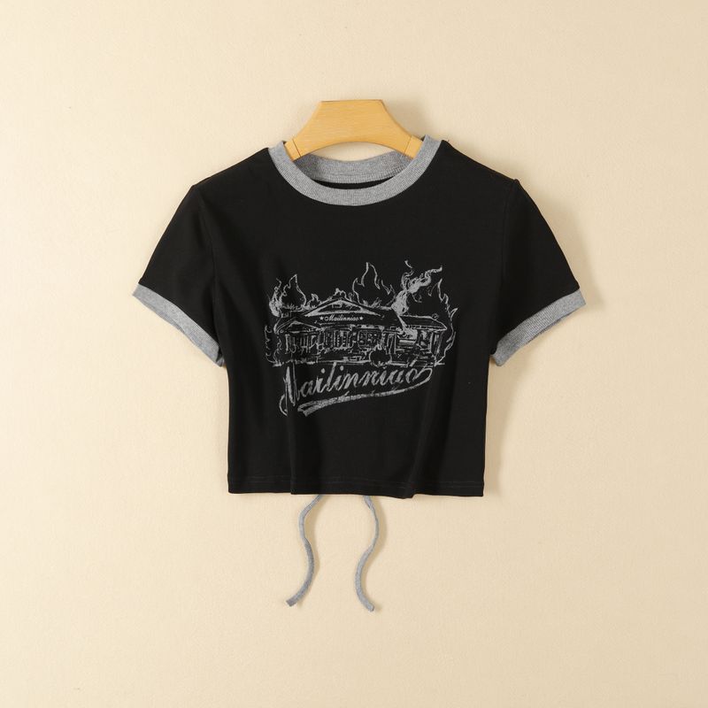 

Export Summer Women s Clothing Sexy Short Sleeve round Neck Open Back Shoelace T-shirt Pure Cotton Comfort and Casual Print Short Tops Black M