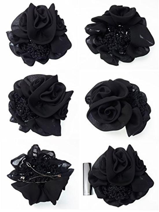 Bijin Kam Chignon Net with Chiffon Black Barrette, Rose,