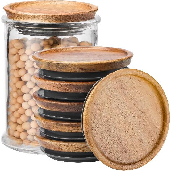 6 Pack Brown Wide Mouth Mason Jar Lids, Reusable Canning Lids With Silicone Seals, Wooden Material, Secure Fit & Seal