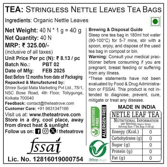 The Tea Trove Organic Nettle Leaf Tea Bags - 40 Eco-Friendly Stinging Nettle Tea Bags In Resealable Pouch , 40 Grams