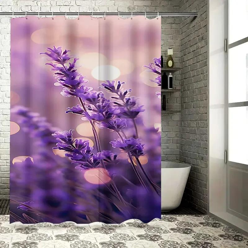 Romantic Lavender Field Design Waterproof Shower Curtain Heat Resistant Machine Washable Non-Transparent 180x180cm
