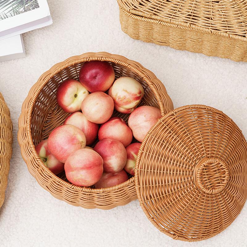 Round Imitation Rattan Woven Storage Basket with Lid