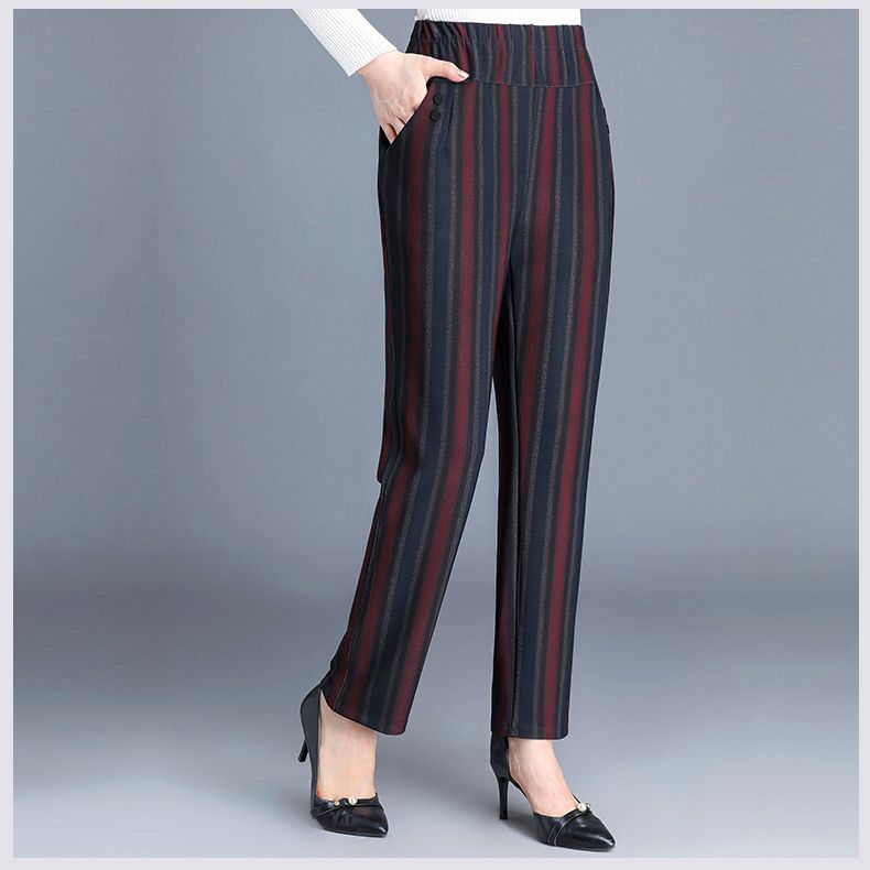 Women Winter Thickened Plush Warm Casual Pants  High Waist Loose Striped Trousers 6XL