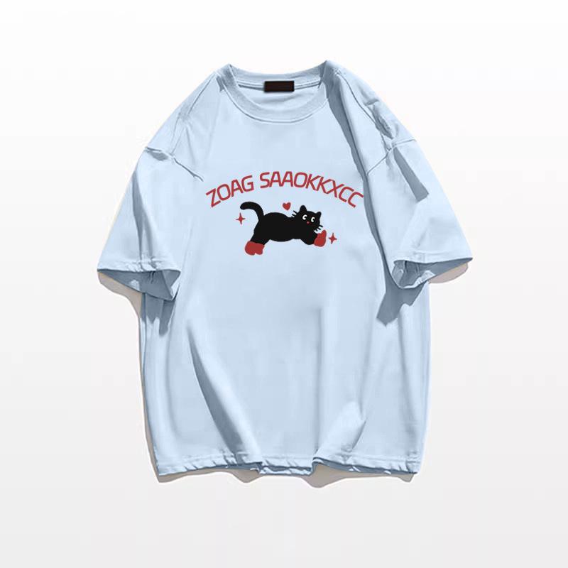Women's Plus Size Retro Cartoon Kitten Cotton T-Shirt, Summer 2025 Collection, Short Sleeve, Off-Shoulder, Loose Fit.