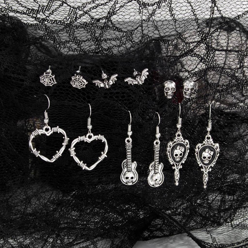 SHIXIN 6 Pair Goth Skull Bat Cross Stud Earrings for Women Punk Heart Guitar Skeleton Drop Earrings Vintage Halloween Jewelry