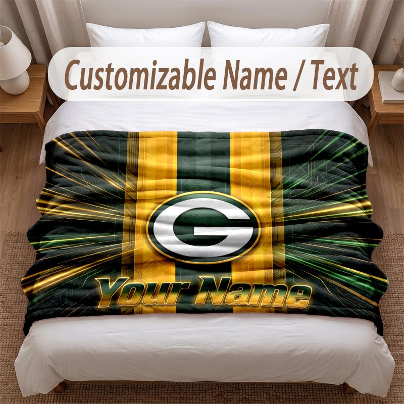 Green Bay Packers Printed Flannel Blanket Custom Name Text Soft Warm Throw For Bedroom Holiday Gift