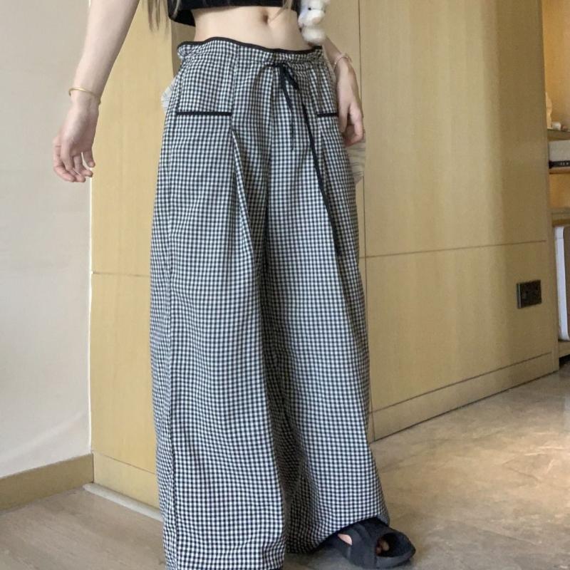 Color - Block Black White Plaid High Waist Slim Straight Wide Leg Long Casual Pants for Women Summer