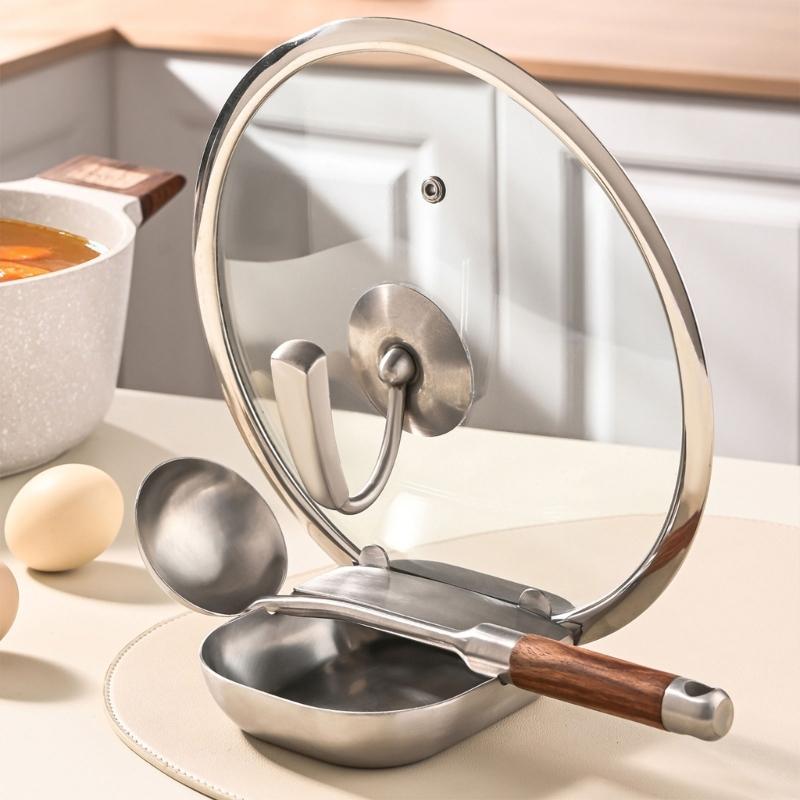 Kitchen Tool Stand with Sauce-Catching Tray, Vertical Support for Cooking Implements, Brushed 304 Steel Body, and Nonslip Base for Counter Use