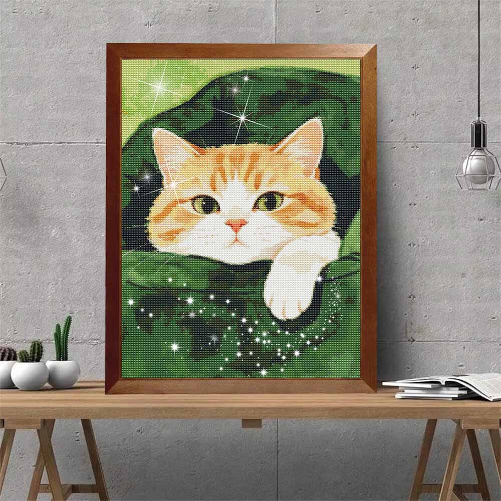 DIY Full Drill Diamond Painting Kit Cute Cat In Green Leaf Rhinestone Canvas Art for Cozy Room Decor Gift