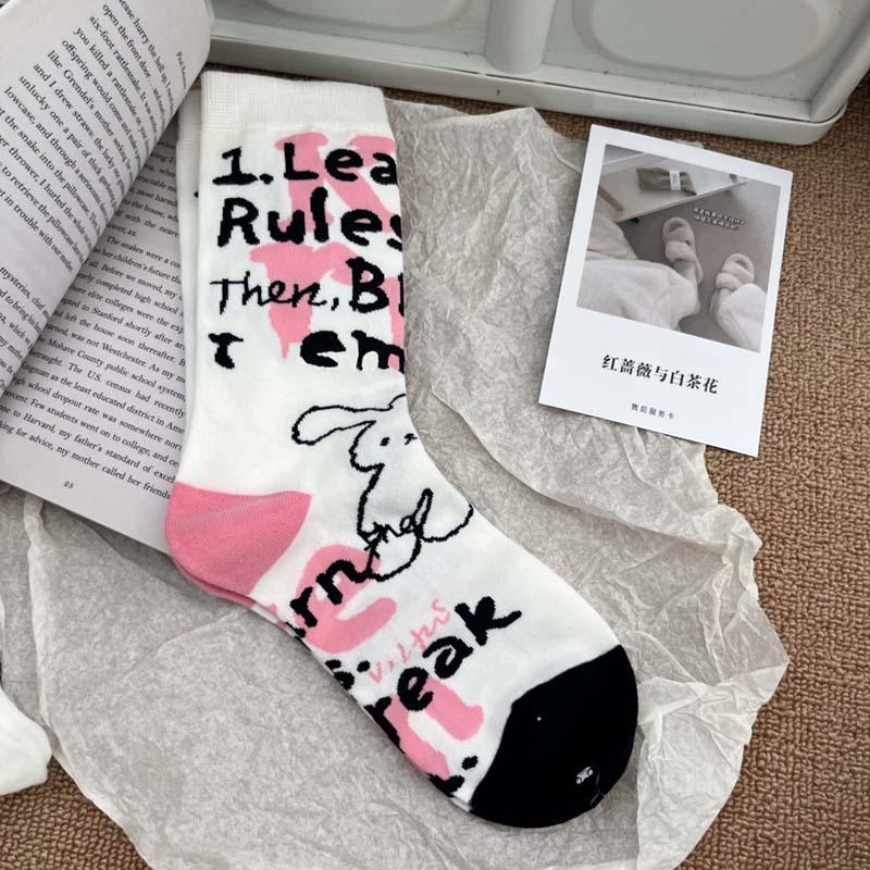 Socks Female Medium Tube Tide Girl Cute Cartoon Rabbit Striped Print Personalized Stockings