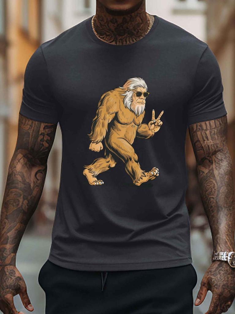 2026 New Mens Plus Size Casual Tshirt Rock Bigfoot with Glasses Geometric Pattern Round Neck Regular Style