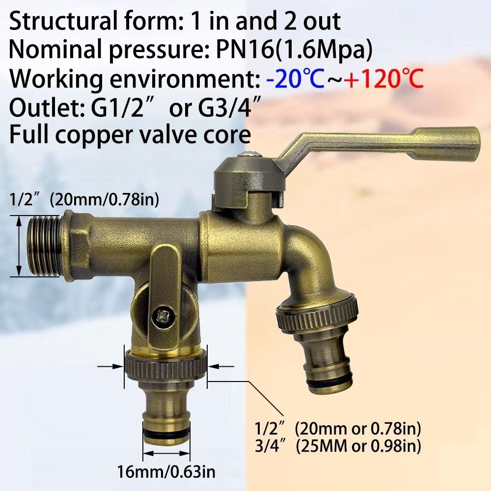 Anti-freezing All-copper Faucet One Inlet and Two Outlets Dual Water Outlets Brass Faucet Adapter 1/2inch Durable Outdoor Faucet