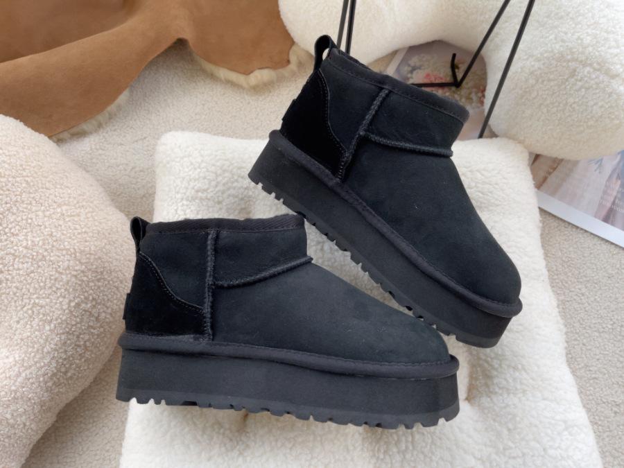 Dames Echte Schapenvacht Platform Sneeuwschoenen 4cm Hoogteverhoging Instappers Enkellaarsjes Warme Winterschoenen voor Dames 35 zwart