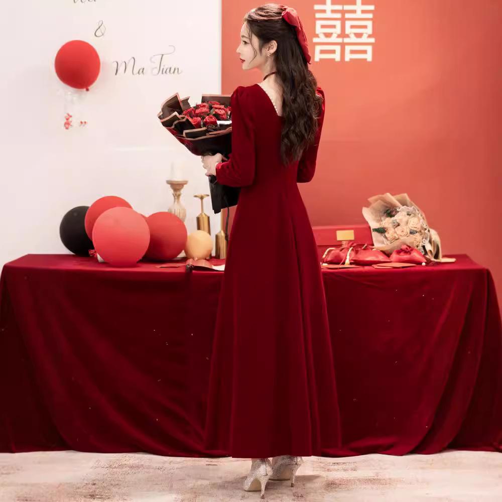New Toast Clothing Bride Autumn and Winter Long Sleeve Wedding Engagement Dress Dress Red Atmospheric Return Door Clothing Women