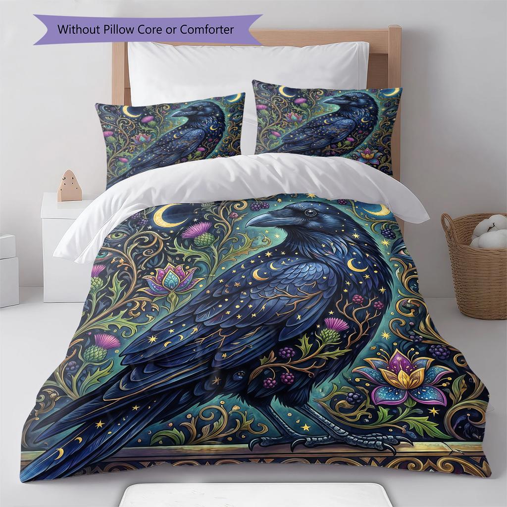 Flower Cat Crow Pattern Bedding,Quilt Set Quilt Cover Pillowcase Home Birthday Gift (1 * Duvet Cover + 2 * Pillowcase, Without Core)