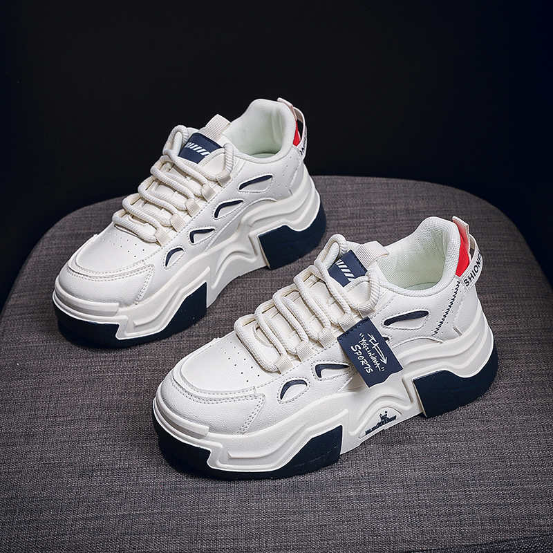 Fashion Natural Leather Round Nose Heel Shoes Woman Boots Womens Sneakers Shoes Black Platform Sneakers Sports Celebrity