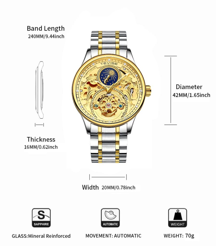 TEVISE Watch for Men Automatic Mechanical Wristwatch Fashion Skeleton Moon with Diamond Luxury Watch Business Gift for Men