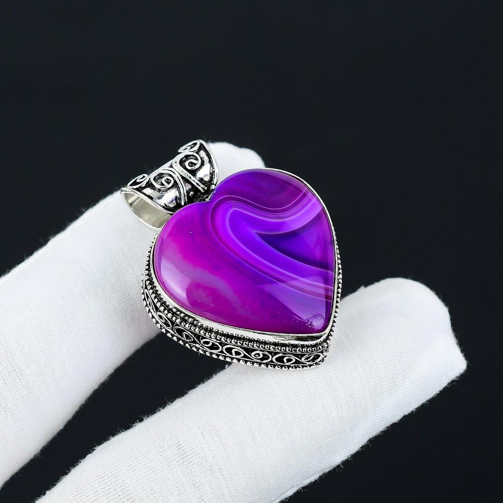 Natural Purple Botswana Agate Gemstone Silver Pendant in 925 Sterling Silver- Handmade Heart Design, Everyday Wear Jewelry, Unique Pendant Gifts