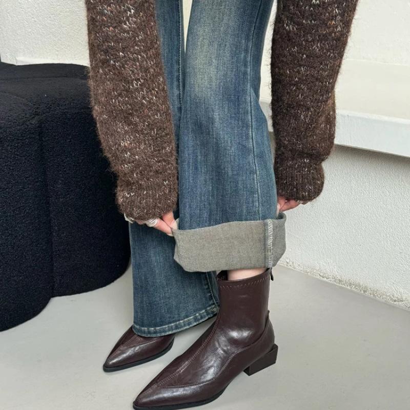 Pointed French Short Boots Women's Shoes Autumn and Winter New Soft Leather Martin Boots Thick Heel Versatile Chelsea Thin Boots