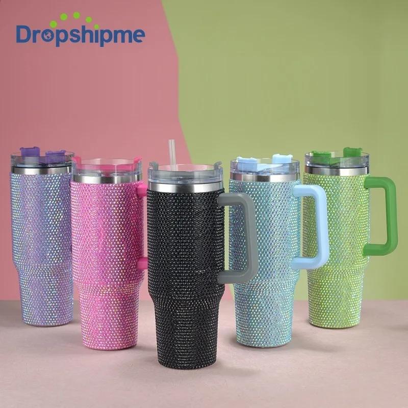 Nuova Tazza Termica da 40oz Impreziosita con Strass con Manico Bicchiere Tazza Caffè Bottiglia Termica Isolante Borracce da Auto Mantengono Freddo e G
