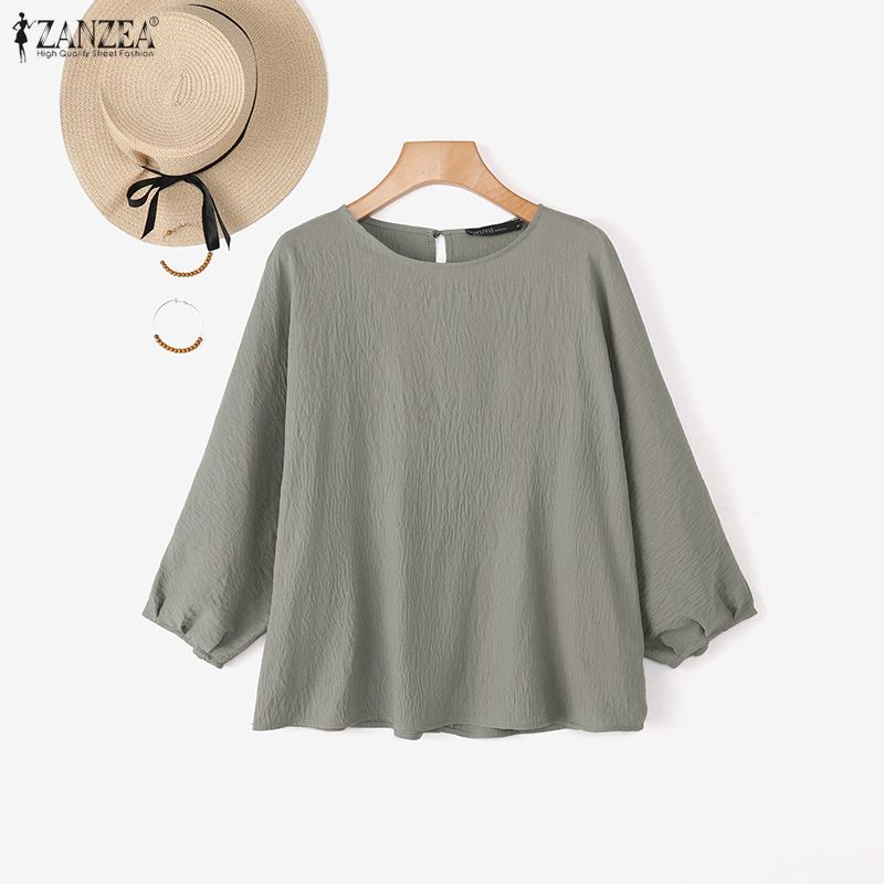 ZANZEA Women Casual Round Neck Solid Color 3/4 Sleeve Loose Blouse