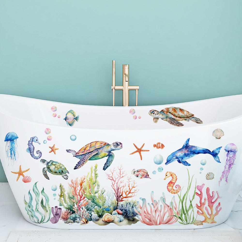 Cartoon, Watercolor Ocean, Coral, Jellyfish, Turtle, Decorative Wall Stickers, Bedroom and Bathroom Beautification, Home Decoration Stickers