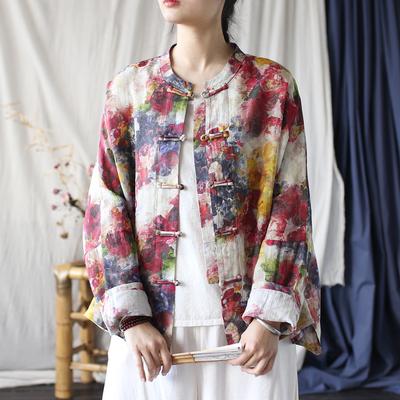 Damen Druck Blumen Stehkragen Langarm Frühling Vintage Knopf Locker Damen Jacken